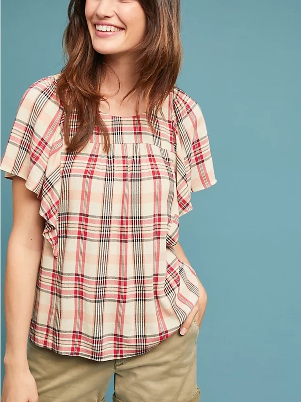 Mauve Anthropologie Plaid Priscilla Top Flutter Sleeve Small
